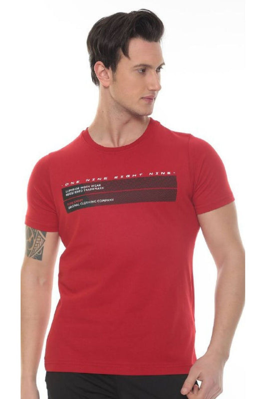 Erkek One Nıne Ekru Baskılı T-shirt - Kırmızı