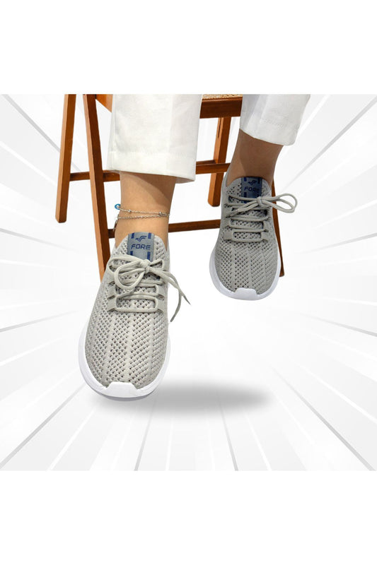 Kadın Ekru Günlük Bağcıklı Triko Fileli Spor Ayakkabı - Gri