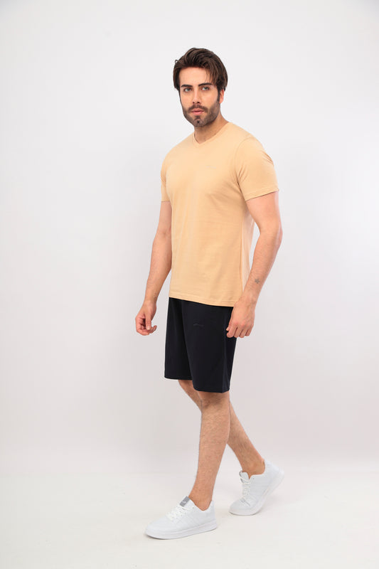 Erkek Bej Lacivert V Yaka Tshirt Şort Cep Fermuarlı Alt Üst Takım - Bej Lacivert