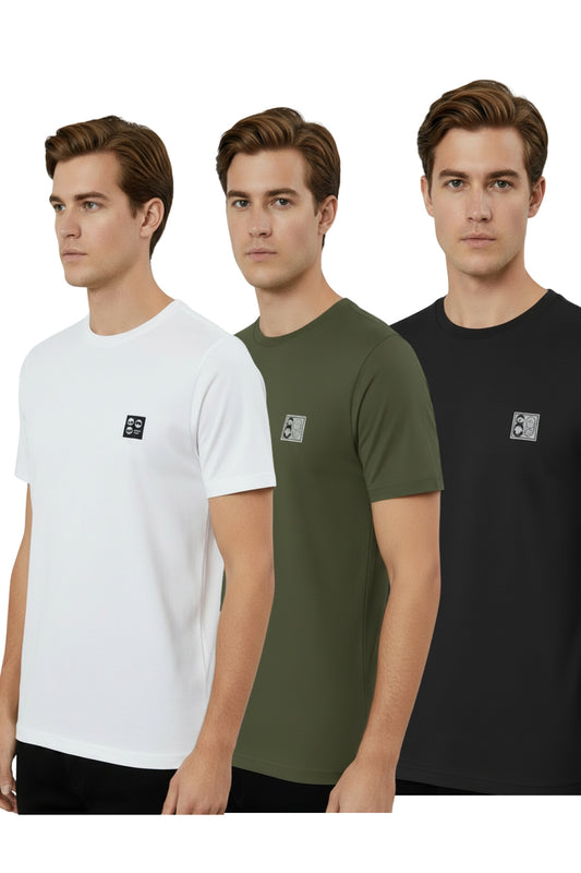 3 Adet %100 Pamuk Günlük Basic T-shirt-7076 - Beyaz + Haki + Siyah