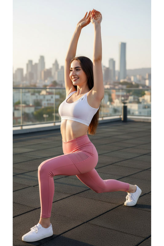 Kadın Pudra Rengi Yüksek Bel Toparlayıcı Spor Tayt Yoga Pilates Fitness Taytı - PUDRA