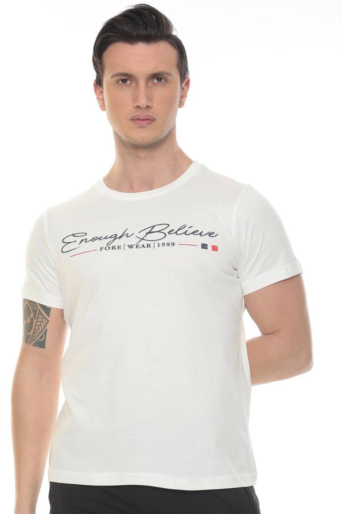 Erkek Ekru Enough Believe Yazılı T-shirt - Ekru