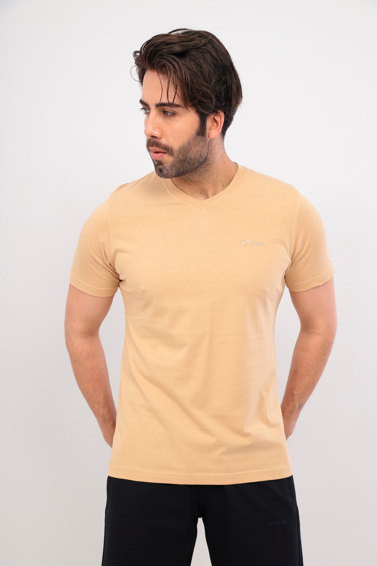 Erkek Bej V Yaka Tişört Pamuklu Kısa Kollu Basic Günlük T-Shirt - Bej
