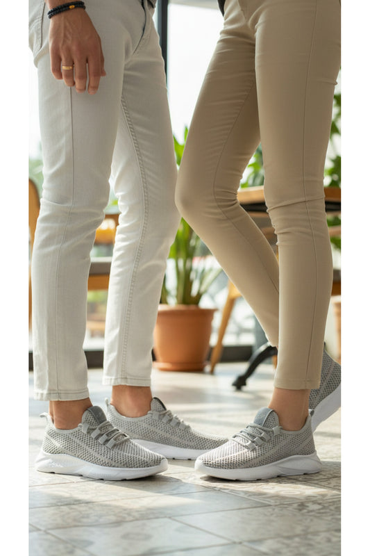 Unisex Gri Triko Fileli Spor Ayakkabı - Hafif Tabanlı, Günlük Yürüyüş ve Koşu Ayakkabısı - Gri