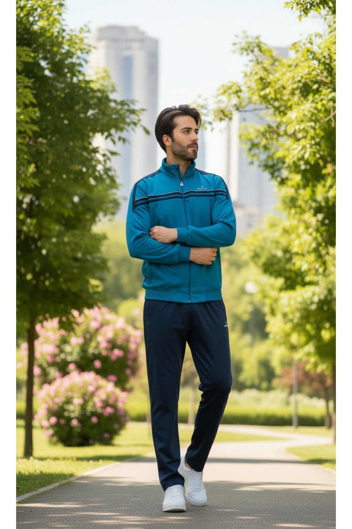 Erkek Şeritli %100 Polyester Rashell Eşofman Takım - Petrol