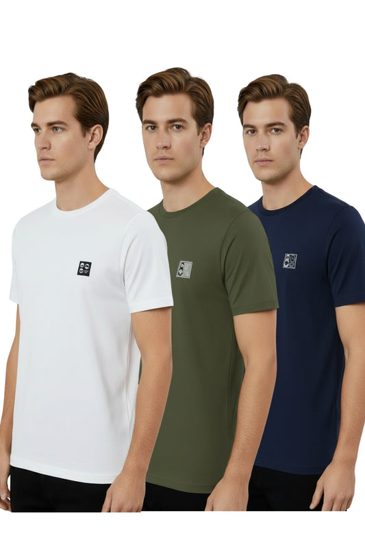 3 Adet %100 Pamuk Günlük Basic T-shirt-7076 - Beyaz + Lacivert + Haki