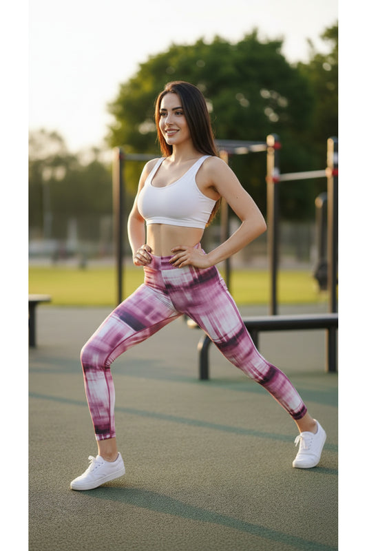 Kadın Renkli Çizgi Desenli Yüksek Bel Toparlayıcı Spor Tayt Yoga Pilates Fitness Taytı - PEMBE-MOR SİYAH ÇİZGİLİ