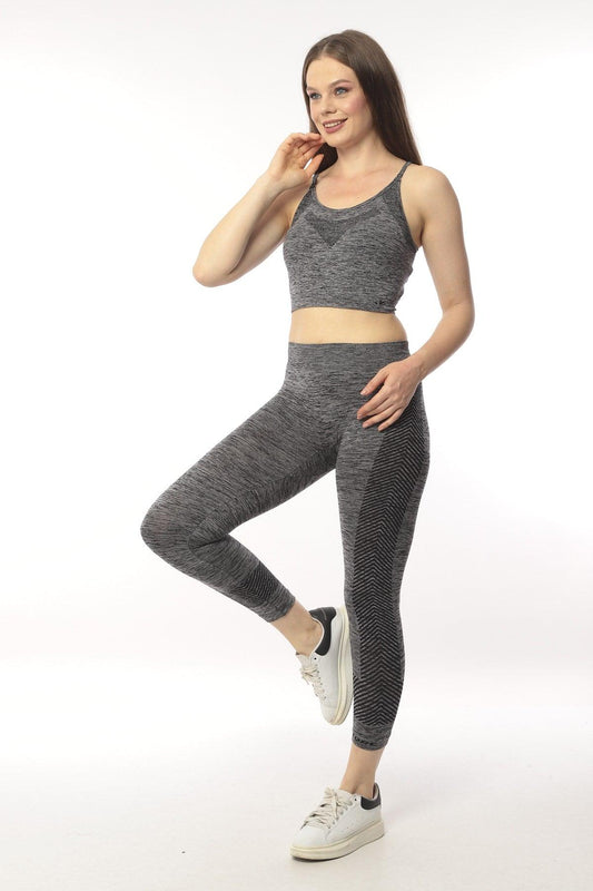 KADIN YEŞİL MELANJ SEAMLESS TOPARLAYICI İNCE ASKILI BRA ALT ÜST FITNESS TAKIMI - FÜME