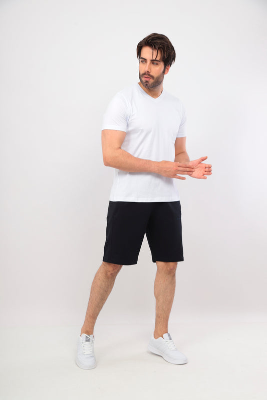 Erkek Bej Lacivert V Yaka Tshirt Şort Cep Fermuarlı Alt Üst Takım - Beyaz Lacivert
